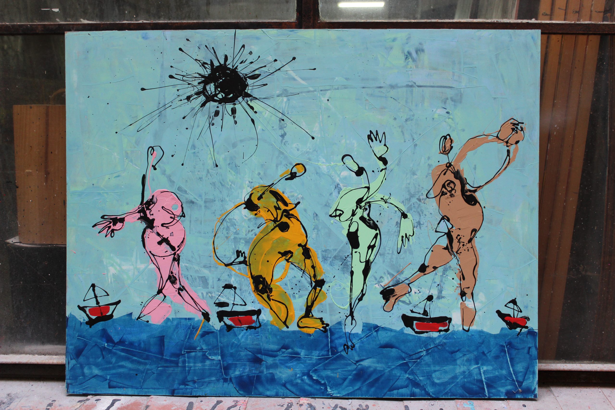 Las deidades protectoras del chamán pescador, pintura neoexpresionista de Gus Gracey con lenguaje simbólico y gestual